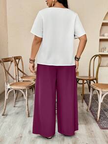 EMERY ROSE 2025 New Round Neck Plant Graphic Asymmetric Button Decor Casual Loose Plus Size Women Set - Hot Pink - View 2