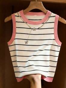 Franclia Women's Striped Round Neck Casual Versatile Tank Top, Color Blocking Design, Suitable For Spring, Summer And Autumn - Pink - View 4