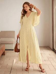 Roveilla 大码女式浪漫波点V领可调节腰部纽扣装饰下摆开衩泡泡袖长连衣裙，优雅法式复古正式办公通勤休闲度假下午茶街头简约百搭，春夏新款 - 鵝黃色 - 查看 6