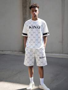 SHEIN 2件組 青少年男孩白色夏季街頭生活休閒圖案 Street Fashion King 印花圓領短袖T恤與印花短褲套裝 - 白色 - 查看 5