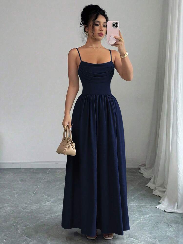 SHEIN Elenzya Elegantes romantisches Damen Chiffon Kleid mit Spaghettiträgern und taillierter Taille, fließender Stil, geeignet für Hochzeitsgäste, Schwesternzusammenkünfte - marineblau - Übersicht 4