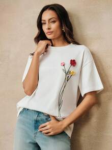 Anewsta Handmade 3D Crochet Floral Loose Dropped Shoulder Unique Design T-Shirt For Women - White - View 7