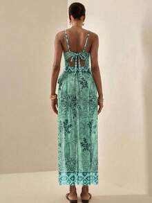 Écloséra 女士两件式植物印花性感吊带连体泳衣，侧边系带裙摆，夏季 - 薄荷藍 - 查看 2