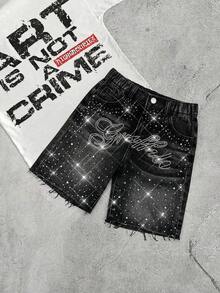 Quần short denim đen dáng rộng đính đá và chữ lấp lánh dành cho bé trai. - màu đen - Xem 1