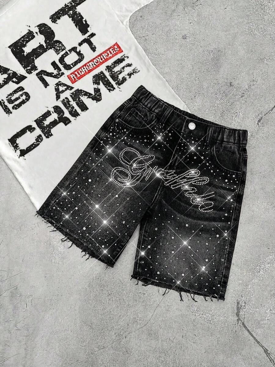 Quần short denim đen dáng rộng đính đá và chữ lấp lánh dành cho bé trai. - màu đen - Xem 1