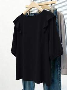 GlowEve CURVE Plus Size Women Solid Color Patchwork Ruffle Pleated Design Loose Blouse - Black - View 2