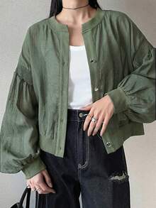 FRIFUL 女士休闲宽松金属纽扣装饰夹克，春夏百搭 - 綠色 - 查看 3