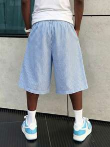 PAVTROS Men's Casual Striped Elastic Waist Bermuda Shorts, Light And Comfortable, Pleats Design, Spring/Summer Baby Blue Shorts Men Loose Shorts - Blue and White - View 2