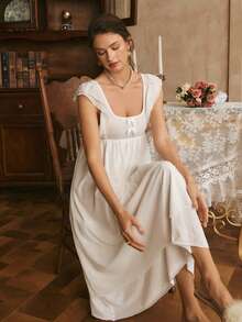 Côtesoire French Romantic Minimalist Elegant Fresh Ruffled Mesh Splice Women Nightgown - White - View 5