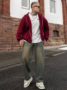 Artur Kramer 男士秋季字母印花拉链连帽休闲卫衣，长袖上衣 - 酒紅色 - 查看 1