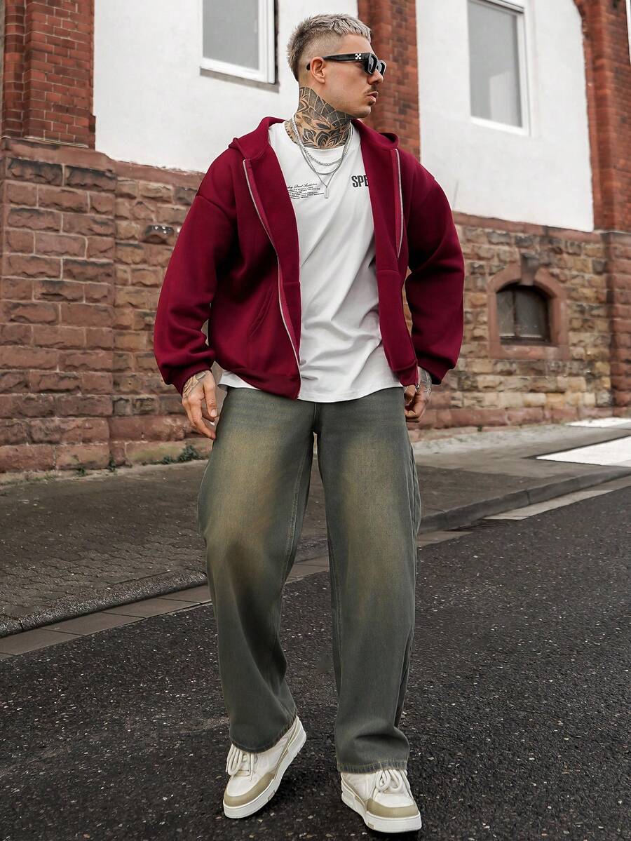 Artur Kramer 男士秋季字母印花拉链连帽休闲卫衣，长袖上衣 - 酒紅色 - 查看 1