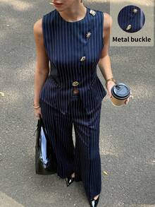 Siren Gaze 春夏新款条纹金属扣通勤套装（女款） - 藏蓝色 - 查看 3