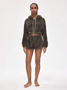 Rest Era Women's Raglan Sleeve Long Sleeve Drawstring Hooded Fluffy Sweatshirt And Shorts Lounge Set, Winter Clothes - Multicolor - View 4