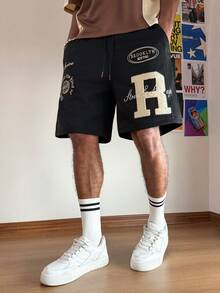 PAVTROS Men's Casual Letter Print Slant Pocket Loose Shorts - Black - View 4