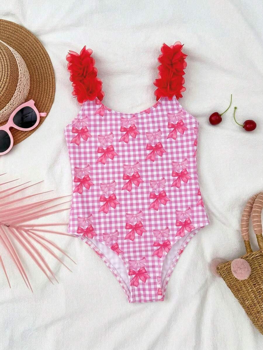 SHEIN 女童针织格子蝴蝶结装饰3D花朵连体泳衣 - 粉色 - 查看 1