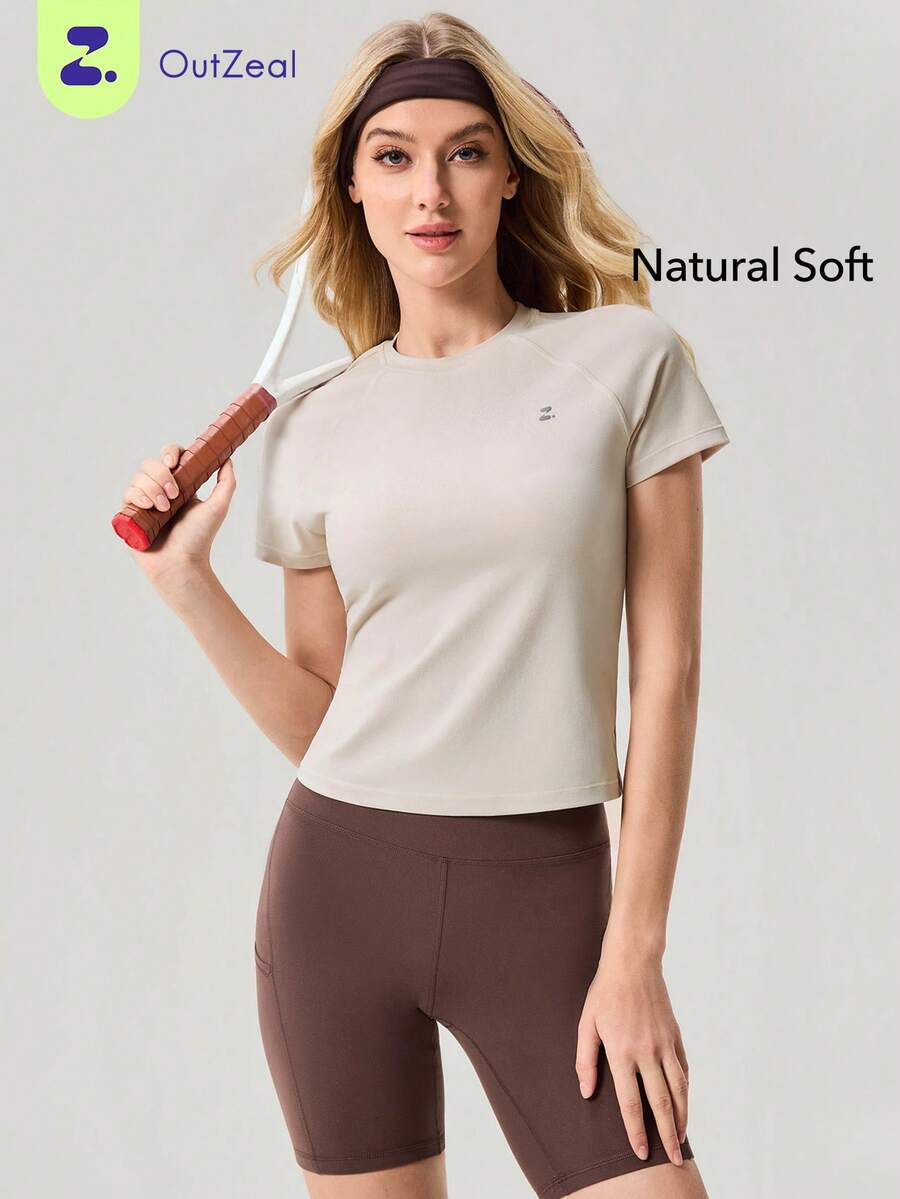 OutZeal Women Sports Tee Gym Yoga Daily Soft Stretchy Short Sleeve Active Tops - Beige - View 1