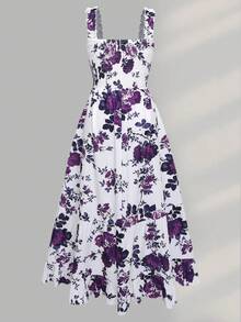 Ceyna Plus Size Women's Floral Print Ruffle Hem Spaghetti Strap A-Line Maxi Dress,White Summer Boho Elegant Sleeveless Vacation Holiday Party Tea Outfit - Violet Purple - View 2