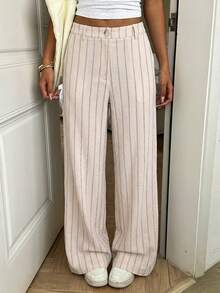 SHEIN EZwear 灰粉色条纹梭织女式西装裤 - 粉色 - 查看 8