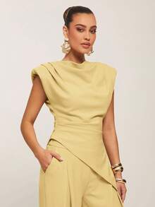 Silquee Women's Solid Color Pleated Design Asymmetric Hem Fashionable Blouse,Summer Top - Light Yellow - View 7