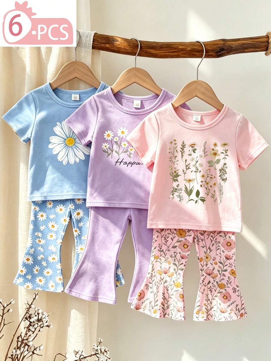 6件套女婴套装(6个月-2-3岁)雏菊印花+“HAPPINESS”标语短袖T恤和喇叭裤,轻便舒适,适合日常穿着、上学、生日派对、野餐、春、夏、秋季户外活动。 - 彩色 - 查看 1
