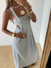 SHEIN EZwear Đầm dệt kim màu xám không tay kiểu dáng thường ngày dành cho nữ, thích hợp cho mùa xuân/hè. - Màu Xám nhạt - Xem 3