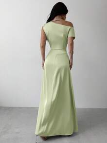 Firerie 女士绿色优雅不对称肩部褶皱鱼尾连衣裙，适合约会、度假、婚礼、活动、返校、毕业典礼、正式伴娘礼服 - 綠色 - 查看 2