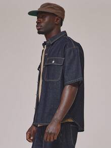 Musero Oversized Short Sleeve Collared Dropped Shoulder Contrast Stitch Double Flap Pocket Button Through Denim Shirt Spring Summer Essentials Holiday - Dark Wash - View 3