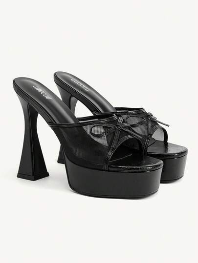 CUCCOO CHICEST 女士黑色厚底高跟凉鞋，派对风高跟鞋，性感蝴蝶结装饰黑色高跟鞋，方头穆勒凉鞋，适合圣诞派对、情人节礼物，时尚达人的完美之选