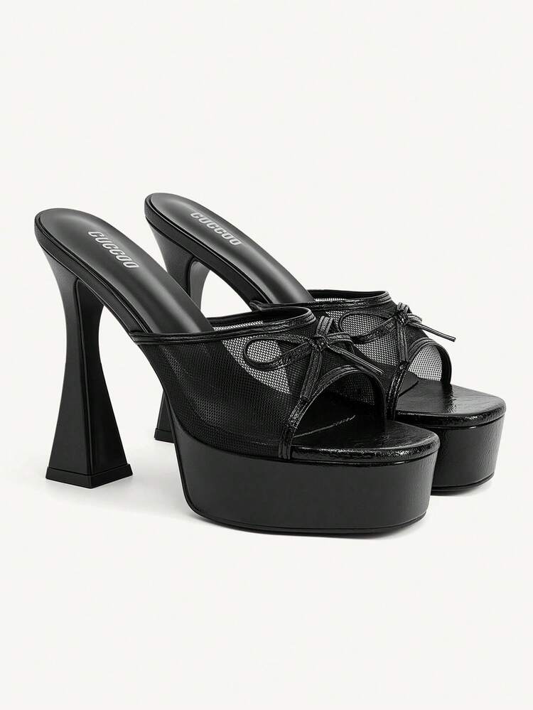 CUCCOO CHICEST Women's Platform Black High Heel Sandals, Party Style High Heels, Sexy Bowknot Decor Black High Heels, Square Toe Mule Sandals Suitable For Christmas Party, Valentine's Day Gift, Fashion Enthusiast's Perfect Choice