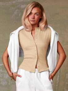 Athîral Women's Casual Solid Color Short Sleeve Cardigan,Summer Top - Apricot - View 3