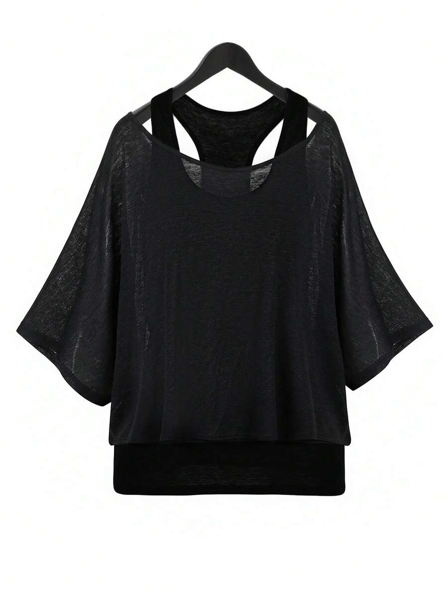SHEIN Essnce 大码女装春夏时尚休闲宽松弹力舒适日常百搭显瘦黑色背心和薄纱防晒罩衫两件套，夏季穿搭，简约风格，欧式夏季 - 黑色 - 查看 1