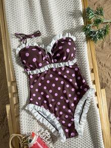Swim Mod Traje de baño de una pieza con estampado de lunares y encaje para mujer, lindo y dulce para vacaciones en la playa, verano - Multicolor - Ver 4