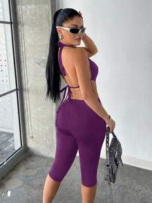 SHEIN SXY 性感露背低胸紧身吊带连体裤 - 紫色 - 查看 2