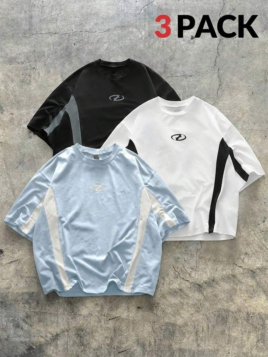 AXEPEAK 3pcs/Set Men's Crew Neck Short Sleeve Contrast Color Print T-Shirts - Multicolor - View 1