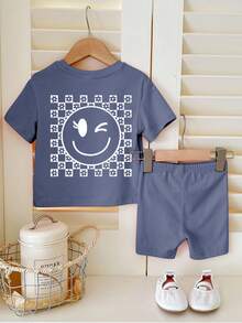 Cute Checkerboard Floral & Face Pattern, Baby Girl Casual Minimalist Short Sleeve Top And Shorts Set, Suitable For Summer - Blue - View 5