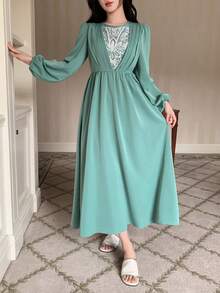 DAZY Camisola Pijama Feminina Glamourosa com Decoração de Bordado de Lantejoulas e Manga Pétala na Cintura - Verde - Visão 9