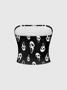ROMWE Sexy Gothic Dark Mysterious Demon Mask Edgy Music Festival Horror Vintage Cropped Top For Women - Black - View 2