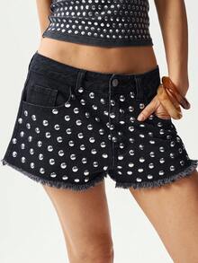 Bohemela Women's Summer Black Polka Dot Boho Night Out Denim Shorts,Handmade Sequin Detailing Distressed Bling Studded Rave Shorts For Y2K Festival Vacation - Black - View 5