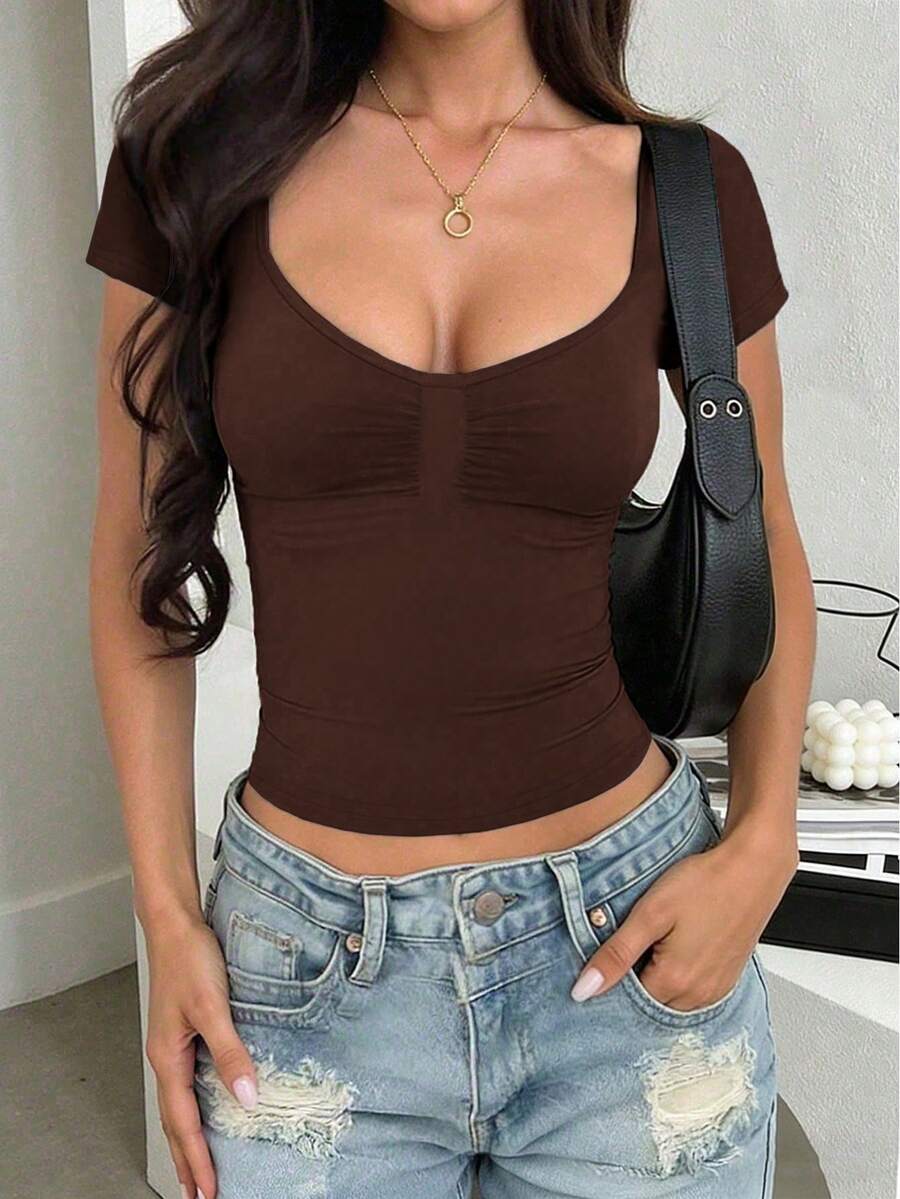 INAWLY Solva Women's Solid Color Sexy Ruched Fitted Short Sleeve T-Shirt, Versatile For Summer - Coffee Brown - View 1