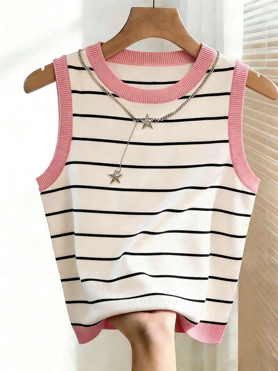 Franclia Women's Striped Round Neck Casual Versatile Tank Top, Color Blocking Design, Suitable For Spring, Summer And Autumn - Pink - View 1