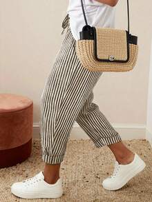 EMERY ROSE Women's Drawstring Waist Striped Casual Versatile Daily Wear Pants - Khaki - View 3