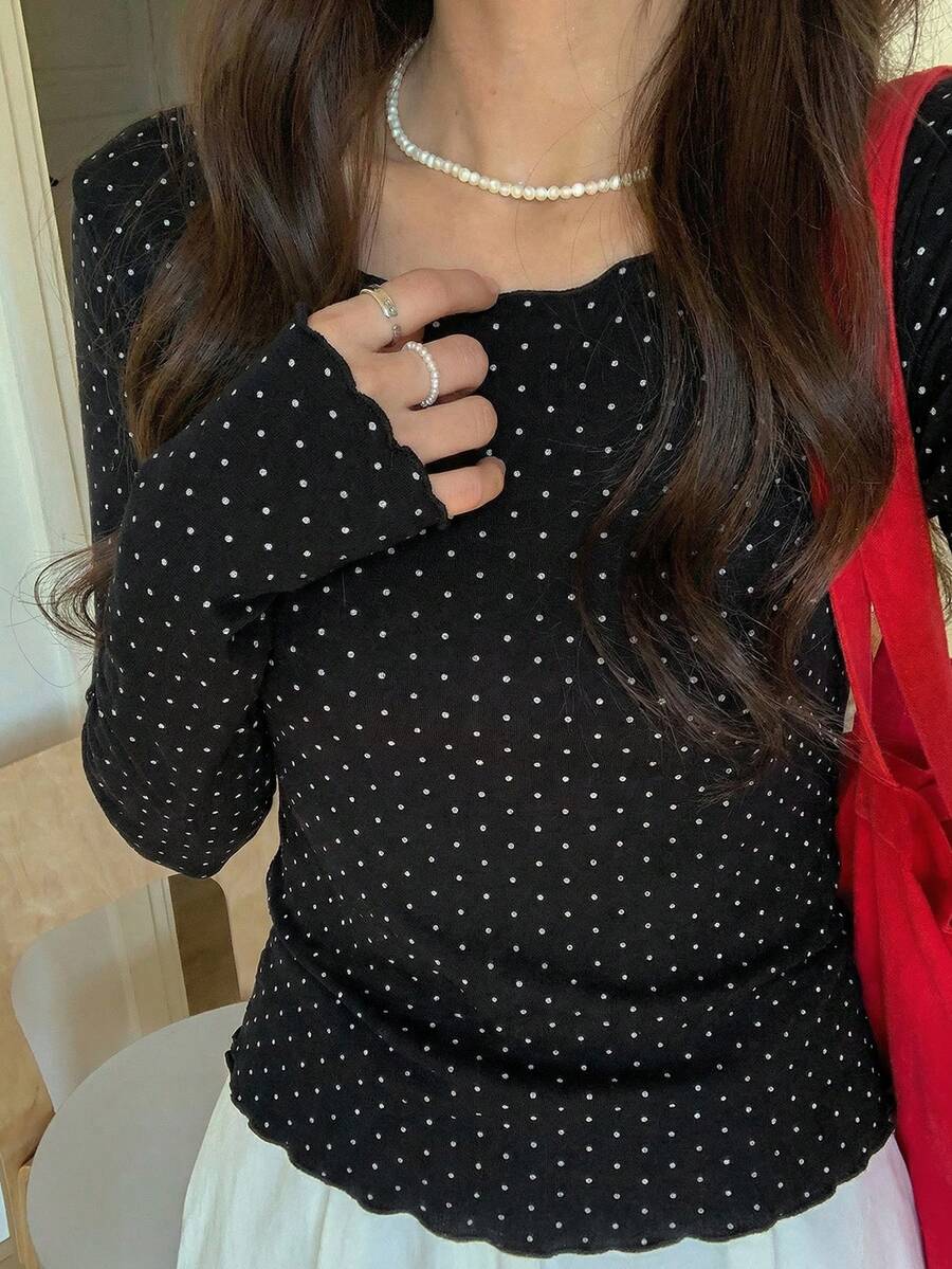 DAZY 女士波点薄纱长袖圆领打底衫，春夏款 - 黑色 - 查看 1