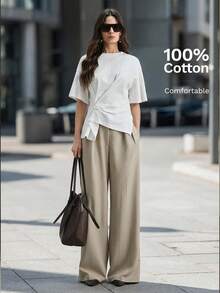 Ontre Áo thun ngắn tay màu trắng, xếp ly, xẻ tà bên, vạt áo bất đối xứng, mẫu mới Xuân/Hè 2026, phù hợp cho các bữa tiệc thành thị hiện đại, đi học, phong cách bohemian thường ngày, kỳ nghỉ, lễ hội, mùa xuân, lễ hội hóa trang Ngày lễ tình nhân, đi biển, tiệc tùng, lễ tốt nghiệp. - trắng - Xem 1
