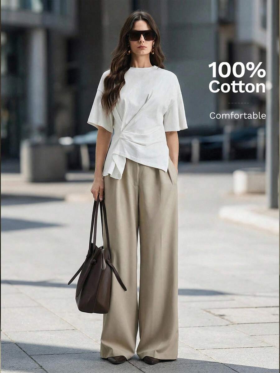 Ontre Áo thun ngắn tay màu trắng, xếp ly, xẻ tà bên, vạt áo bất đối xứng, mẫu mới Xuân/Hè 2026, phù hợp cho các bữa tiệc thành thị hiện đại, đi học, phong cách bohemian thường ngày, kỳ nghỉ, lễ hội, mùa xuân, lễ hội hóa trang Ngày lễ tình nhân, đi biển, tiệc tùng, lễ tốt nghiệp. - trắng - Xem 1