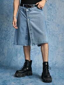 ROMWE MEN Street Life Shorts de mezclilla con diseño de cintura en capas para moda urbana de hombres - Azul - Ver 1