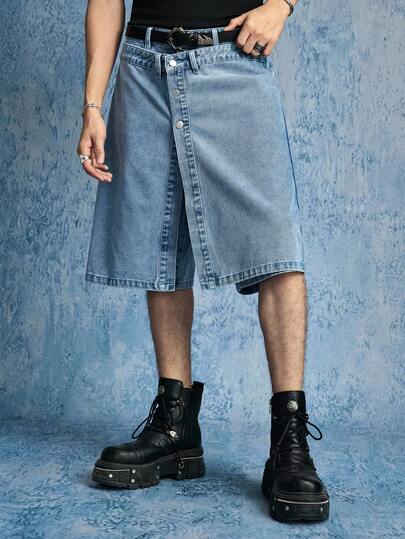 ROMWE MEN Street Life Quần short denim cạp chun xếp lớp phong cách đường phố dành cho nam giới