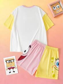 SpongeBob SquarePants | SHEIN 女士圆领短袖上衣和短裤睡衣套装 - 彩色 - 查看 2