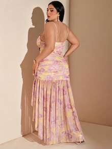 SHEIN BAE Bộ đồ cỡ lớn mùa xuân/hè gồm áo hai dây ôm sát và váy maxi xẻ cao màu hồng/vàng in hoa, thích hợp cho kỳ nghỉ, tiệc brunch, ngày Valentine, tiệc trà, váy maxi hoa cho dã ngoại, kỳ nghỉ biển. - Nhiều màu - Xem 2
