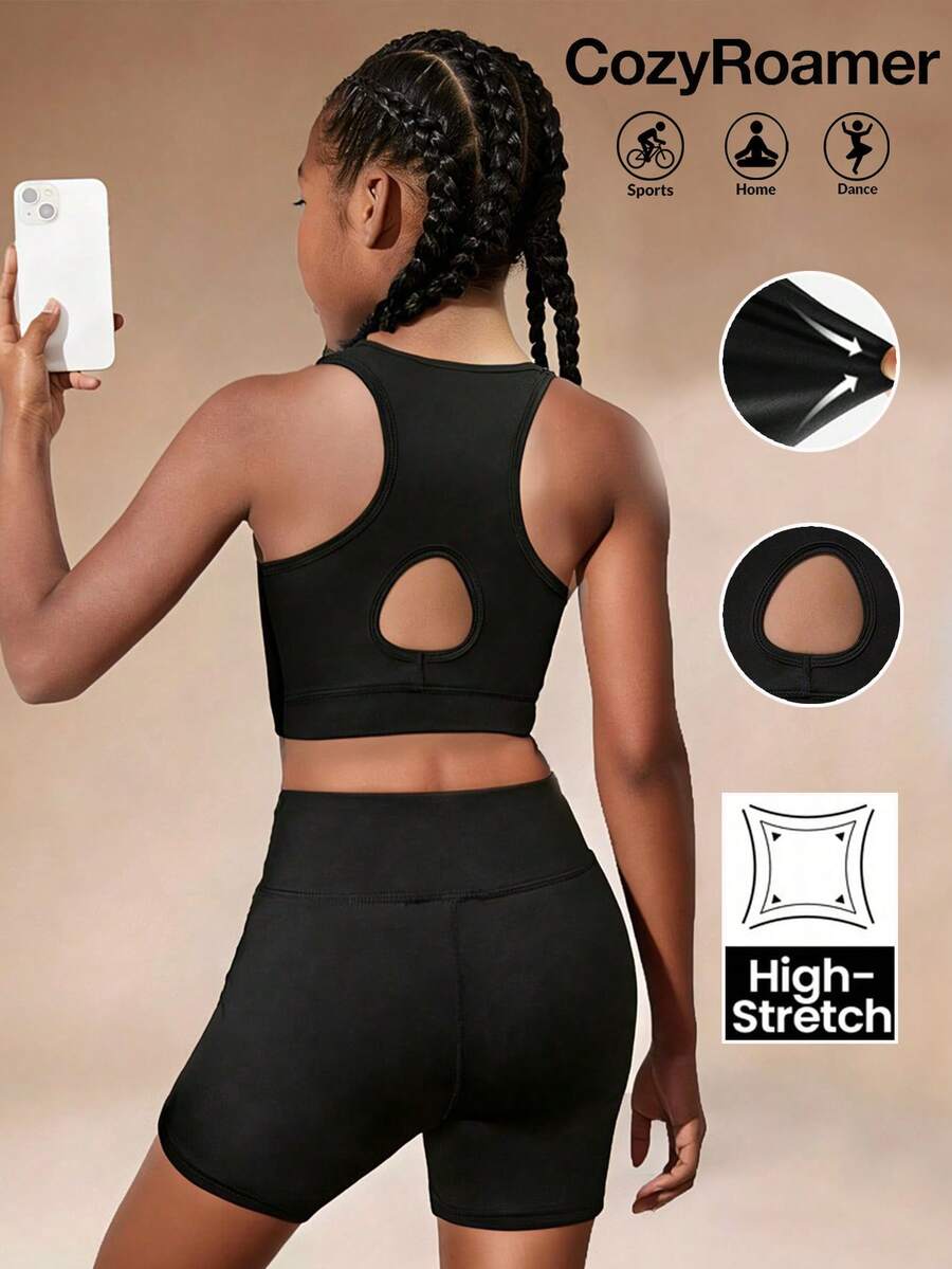 SHEIN Setelan Olahraga Camisole Bergaris Belakang Berlubang Warna Polos dan Celana Pendek Biker untuk Anak Perempuan Remaja, Cocok untuk Yoga, Hari Olahraga, dan Kembali ke Sekolah. - Hitam - View 1