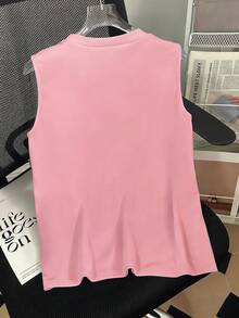 SHEIN LUNE 女士纯色仿珍珠装饰圆领休闲背心 - 粉色 - 查看 2